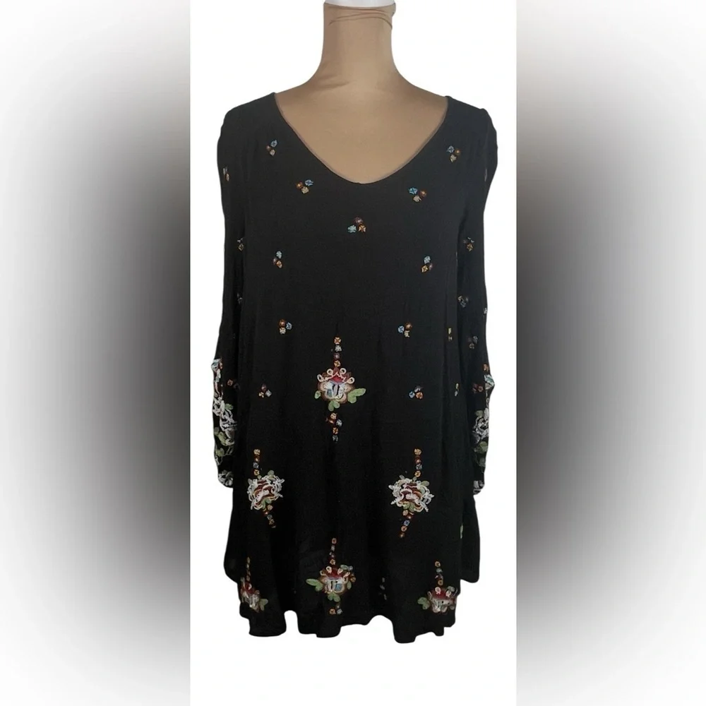 Free People Oxford Black Embroidered Swing Dress XS